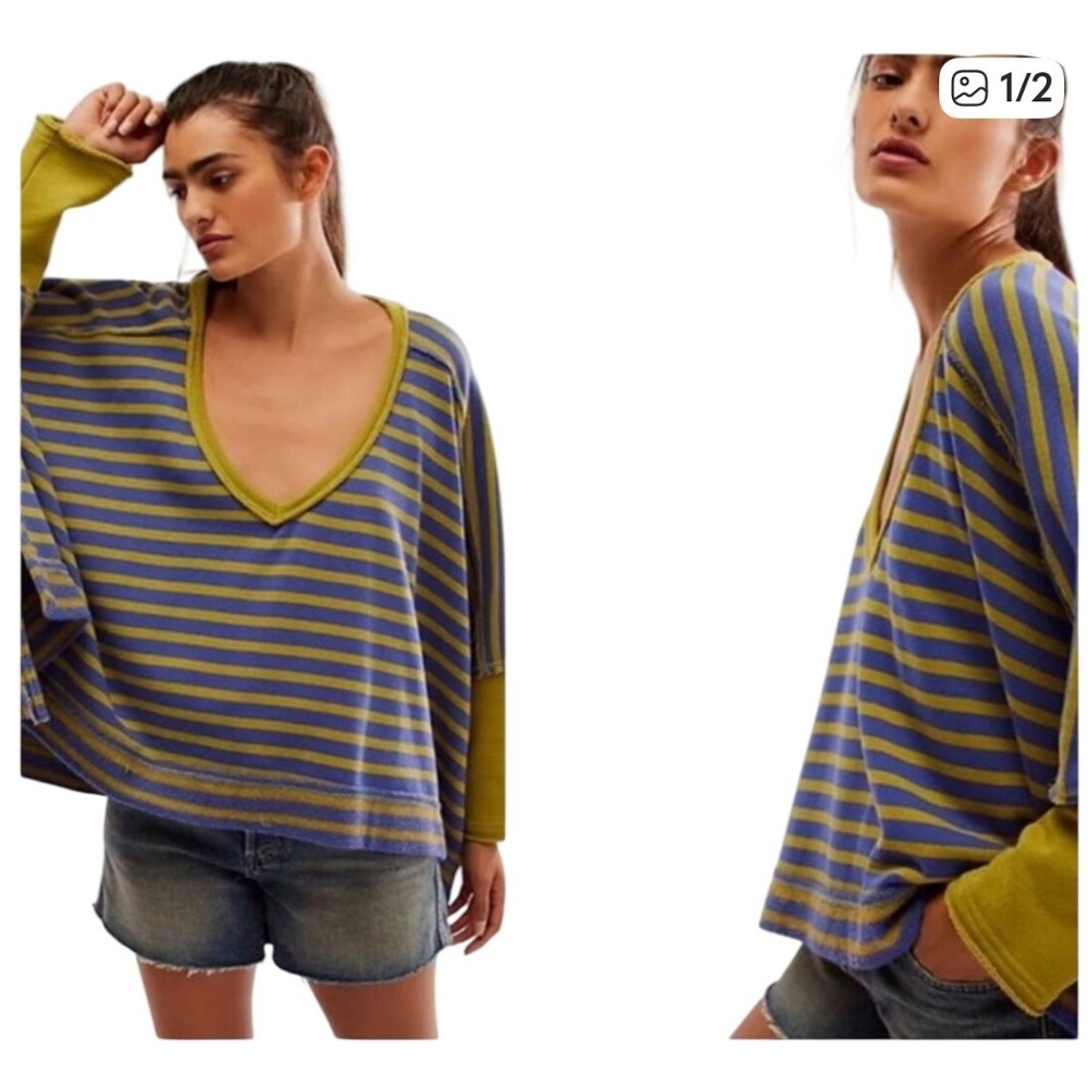We The Free Free PeopleThe Free Main Squeeze Striped V-Neck Top Purple Green